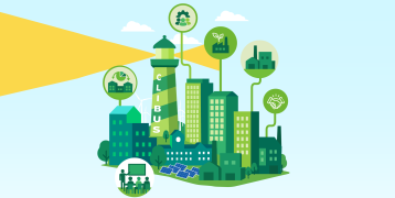 city ecosystem of public and private actors - the light house represents the city authority and the various buildings the private sector. There are also icons repesenting collaboration, industry, energy, etc. 