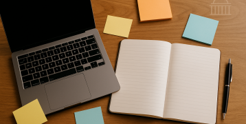 The picture shows a laptop, a notebook, a pen, and some sticky notes arranged on a table.