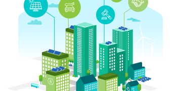 A city with buildings and icons related to climate-smart governance