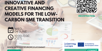 Poster promoting COMMIT's Coffee-Break Workshop on Innovative & Creative Financing for the Low-Carbon SME Transition