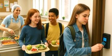 Three students are in the school cafeteria, holding trays with school lunches, and one student validates his student card in the school cafeteria, which confirms him as a school lunch eater.
