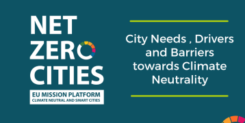 Net Zero Cites logo reads "City Needs, Drivers and Barriers towards Climate Neutrality"