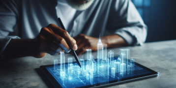 A man on a digital tablet with a 3D