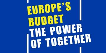 Graphic with text reading: Europe's budget the power of together. The background is blue.