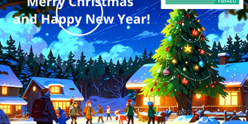A festive Christmas card featuring a snowy village scene with warmly lit wooden houses surrounded by pine trees. In the foreground, a large Christmas tree is decorated with lights and ornaments. People are joyfully walking and interacting, some with children and pets. The sky is filled with stars and a bright moon. The top right corner includes the Interreg Europe logo and FBI4EU branding, with the message "Merry Christmas and Happy New Year!" prominently displayed.