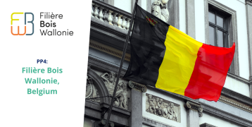 Belgian flag waving outside a classical government building, next to the logo of Filière Bois Wallonie and text identifying them as PP4 in the FBI4EU project.