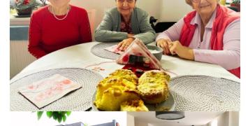 1st part: three older womensmiling  in their new apartment; 2nd part: visualisation of the modernised building; 3rd part: the interior of the modernised apartment