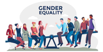 People sitting on a swing with the text gender equality in the background.