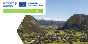 Interreg Europe GIFT logo, landscape, village, houses, forest, trees, interconnected landscape, mountains, clouds, sky