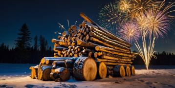 A festive scene of timber logs under a snowy night sky, illuminated by vibrant fireworks, symbolizing the forestry industry's achievements and hopes for a prosperous New Year 2025.