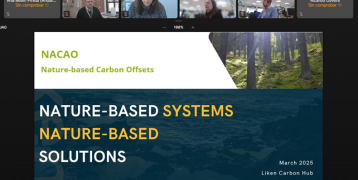 Screenshot from slideshow header page, dark blue background and text with yellow: Nature-based systems and solutions