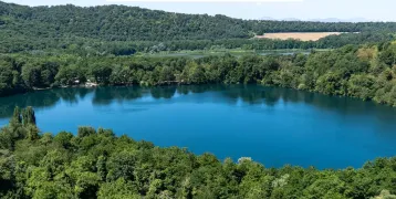 There is a landscape, a lake, trees, flowers