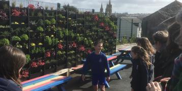 children stood in front of green wall planters