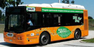 orange bus for public transport - first bus fuelled with hydrogen and methane blend