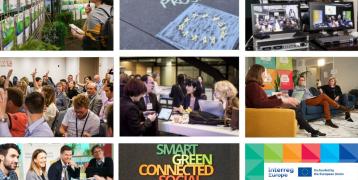 six photos in a grid, including a woman looking at a collection of posters, audience with raised hands in a workshop, group of people gathered around a table smiling, chalk drawing with words policy learning projects and an EU flag, monitors showing a plenary session on a stage, people discussing around a table, three people sitting on a sofa, six words on a dark background (smart, green, connected, social, citizens, governance), and Interreg Europe logo on a colourful background