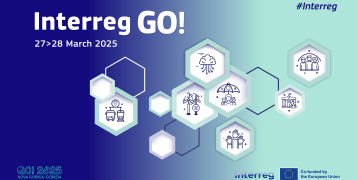 Banner for Interreg GO! 2025 event, showing the dates March 27–28, 2025, and featuring hexagonal icons representing themes like transportation, sustainability, digital connectivity, social inclusion, and community development. The banner includes the hashtag #Interreg, the location Nova Gorica-Gorizia, and the EU logo with the text 'Co-funded by the European Union.