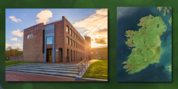 2 images: left - Munster Technological University, Bishopstown Campus, Cork, Ireland; right - satellite view of Ireland.