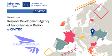 CIVITEC logo + map europe welcoming the RDA of Ivano-Frankivsk Region to CIVITEC partnership