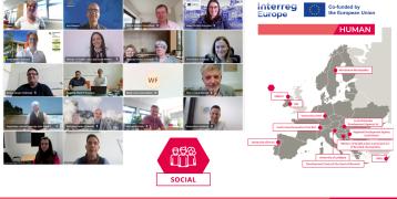 Group photo plus human logo and partners map