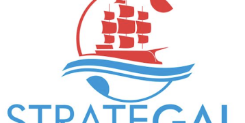 The logo contains the name of the Strategal Association in blue capital letters and above the writing there is a blue wave symbolizing the  Danube river that passes through Galati city, as well as a ship with sails in red.