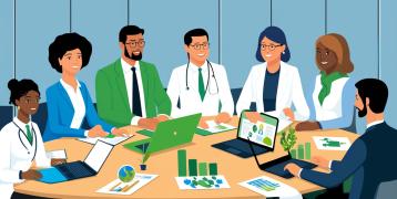 A symbolic illustration of diverse professionals sitting around a table, collaborating on a project. Laptops, charts, and documents are visible, symbolizing teamwork and stakeholder engagement.