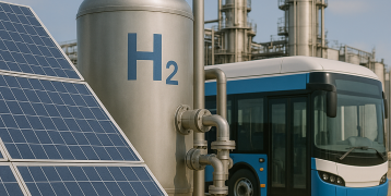 Solar panels and a hydrogen electrolyser. A bus fuelled by renewable hydrogen in the background. In the distance, a H2 Valley.