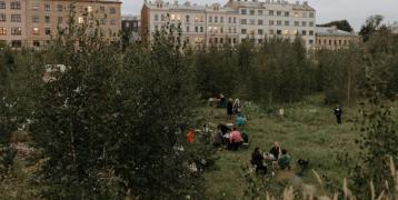 People sitting in a garden with buildings in the background People sitting in a garden with buildings in the background