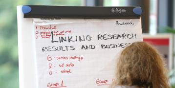 Person writing on a flip chart about research and business