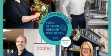 Four business people from Waterford standing in their businesses. All businesses shown are mindful of their carbon emissions
