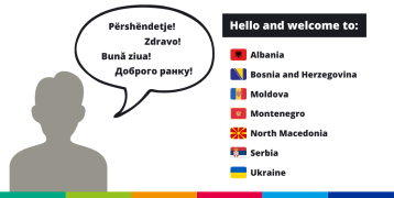 Drawing of person with speech bubble saying hello in my different langages with list of countries joining programme in 2024