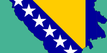 Map of Bosnia and Herzegovina with the country's flag design, featuring blue and yellow colors with white stars, alongside the Interreg Europe logo and FBI4EU project label.