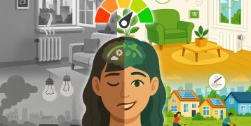 a girl in the middle, to the left energy efficiency bad habits to the right the good ones.
