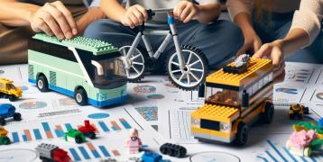 A bus, a bicycle and a school bus created with legos, and placed over a table where papers with charts and graphs are also placed