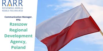 A Polish flag waving against a blue sky with the Rzeszow Regional Development Agency (RARR) logo and text highlighting its role as Communication Manager in an international project.