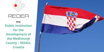 REDEA logo alongside the Croatian national flag waving against a clear blue sky, representing the Public Institution for the Development of the Međimurje County in Croatia.