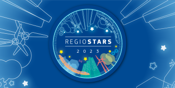 RegioStars awards RegioStars awards 2023 logo on a blue background with graphic visuals
