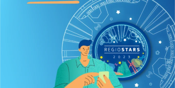 RegioStars 2023 logo, text saying vote now! and a cartoon character holding a mobile phone