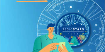 Public vote for RegioStars Awards is open between 14 September and 14 November 2023 RegioStars 2023 logo, text saying vote now! and a cartoon character holding a mobile phone