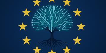 Representative image of the SHARPEI project depicting a stylised tree with luminous branches evoking technological circuits, symbolising technological connections and AI.  The entire composition is surrounded by 12 yellow stars on a blue background, recalling the European Union flag and emphasising the European context in which the project is taking place.