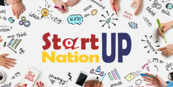 Group of hands working around a colorful 'StartUP Nation' graphic, surrounded by doodles and keywords like idea, teamwork, strategy, planning, and growth.