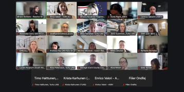 The image captures a screenshot from the QUEEN project's virtual kick-off meeting, held on 14 April 2025. Participants from partner organisations across Europe are visible in a video conferencing grid, representing regional authorities, educational institutions, and policy networks. Each participant’s name and affiliation is shown below their video feed. 