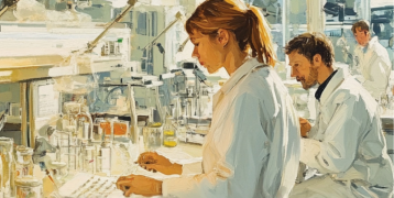 A group of scientists in white lab coats work at a bright, modern laboratory filled with glassware and equipment.