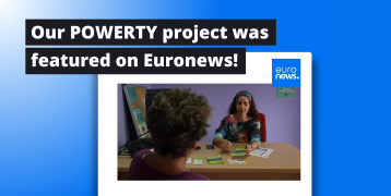 Reads "Our POWERTY project was featured on Euronews" with image of woman sitting at desk speaking to someone seated