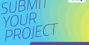 "Submit your project before 14 February" text on blue and yellow graphic background. New European Bauhaus logo is in the top right corner.