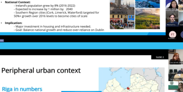 Screenshot of a virtual meeting with multiple participants in small video tiles along the right-hand side. Two presentation slides are visible.  The first slide is titled "Southern Region of Ireland" and includes bullet points on:  Area: 29,590 km²  Population: 1.7 million  Urban Centres: Cork City (222,526), Limerick City (102,287), Waterford City (60,079)  Settlement pattern includes a mix of large towns, smaller towns, and villages  National context highlights Ireland’s population growth and targets for 