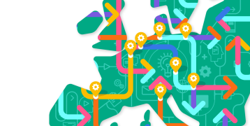 The image shows a stylish map of Europe, with highlighted partners.