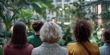 A group of women in a large building