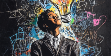 Youth entrepreneur looking at colourful lightbulb