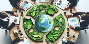 Business people sitting around the round table with an image of Earth
