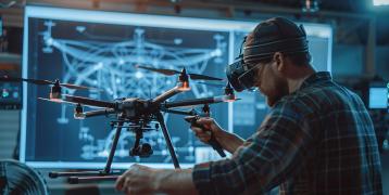 Man setting up a drone in a R&D environment
